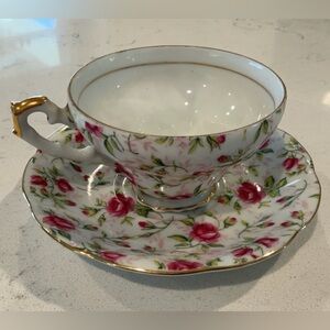 Lefton Pink Roses Teacup & Saucer- Beautiful Set w/Gold Accents Great Condition